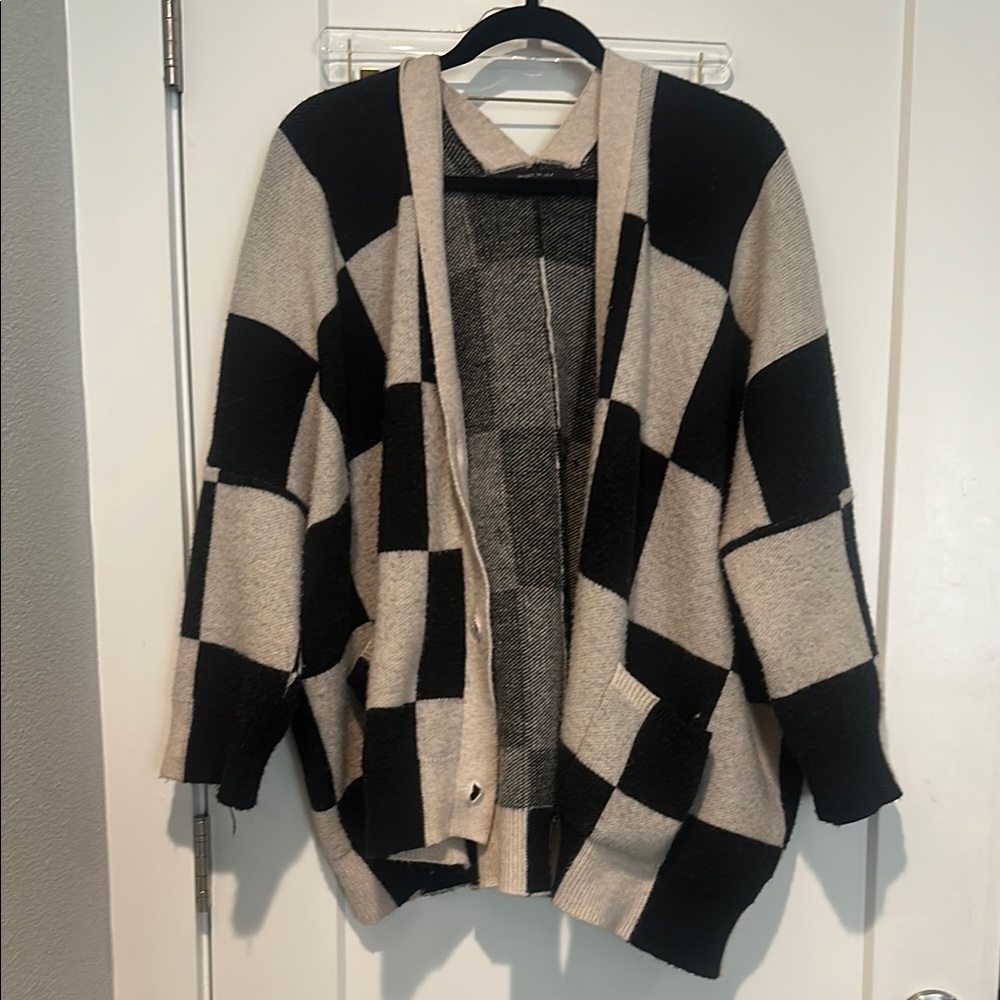 Dressed in LALA Black and Cream Checkered Cardigan Sweater